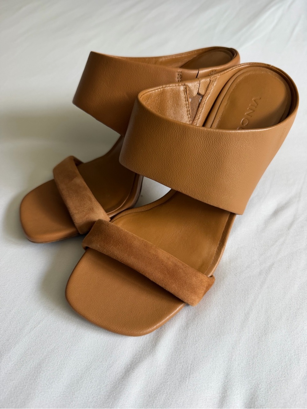 Vince "Quinn" Brown Tan Suede Leather High Block Heel Mule Sandals - Picture 10 of 15
